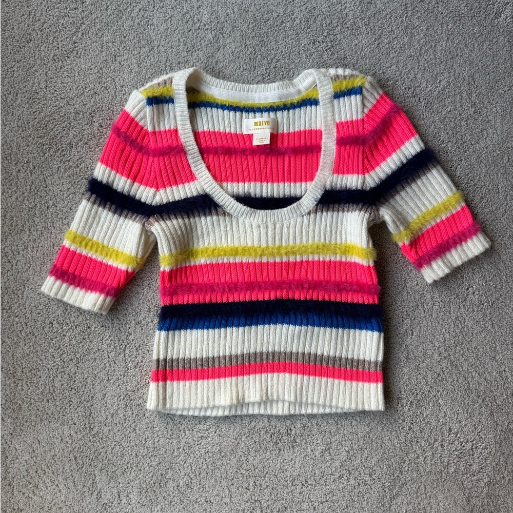 Maeve Short-Sleeve Multi-Stripe Eyelash Sweater